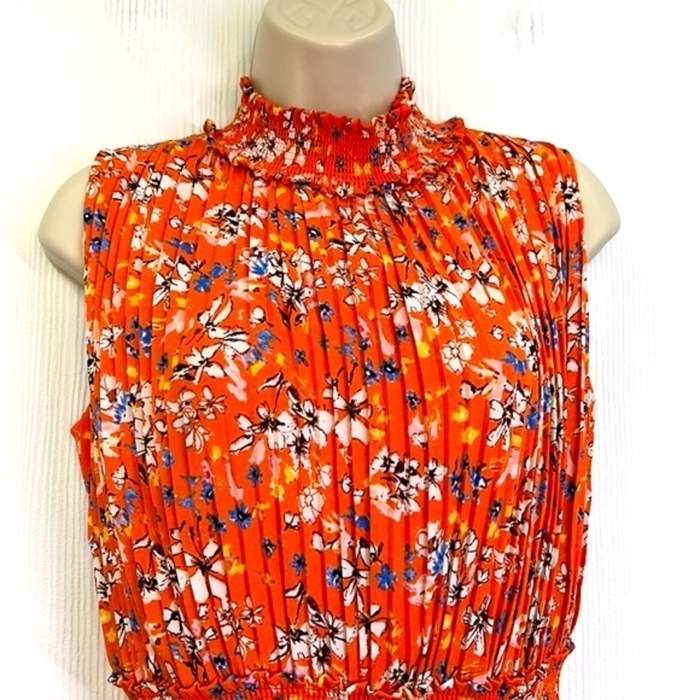 Nanette Lepore - Orange Multi Floral Pleated Sleeveless Midi Dress Size 8 - Picture 7 of 12